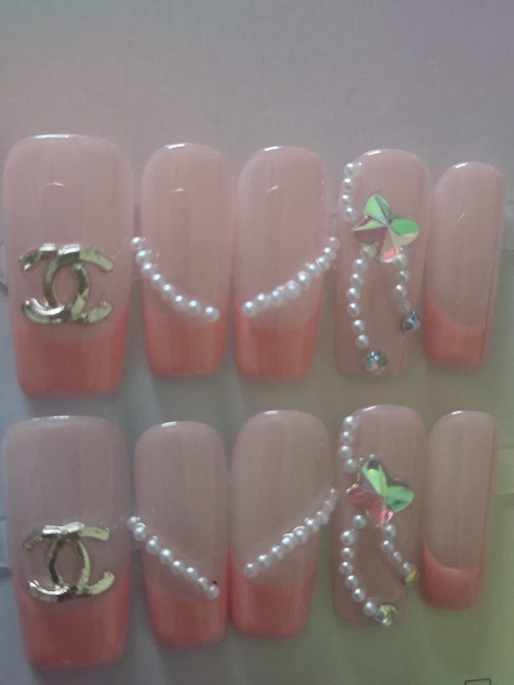 Pink Ombre Pearl & Crystal Accent Press-On Nails